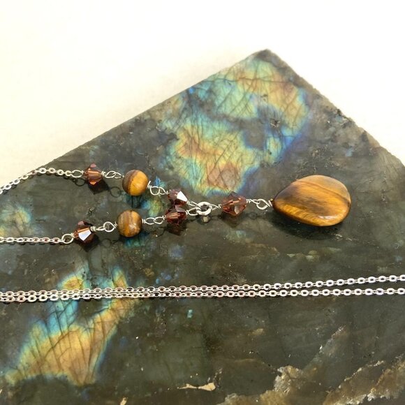 Sterling Silver 925 Beaded Tigers Eye Teardrop Pendant Necklace 18" Cable Chain - Picture 7 of 16